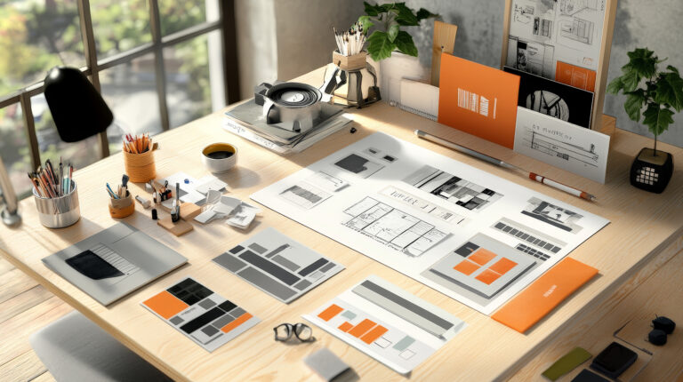 A graphic design process visualized with sketches, digital mockups, and final renders of a branding project